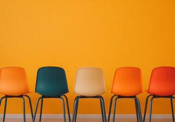 Obraz premium A row of colorful chairs against a vibrant yellow wall offers a modern and playful visual, hinting at anticipation and design aesthetics.