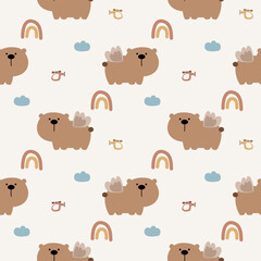 Bear fly in the sky cartoon so cute. On cloud rainbow helicopter background. Pattern seamless vector illustration. 