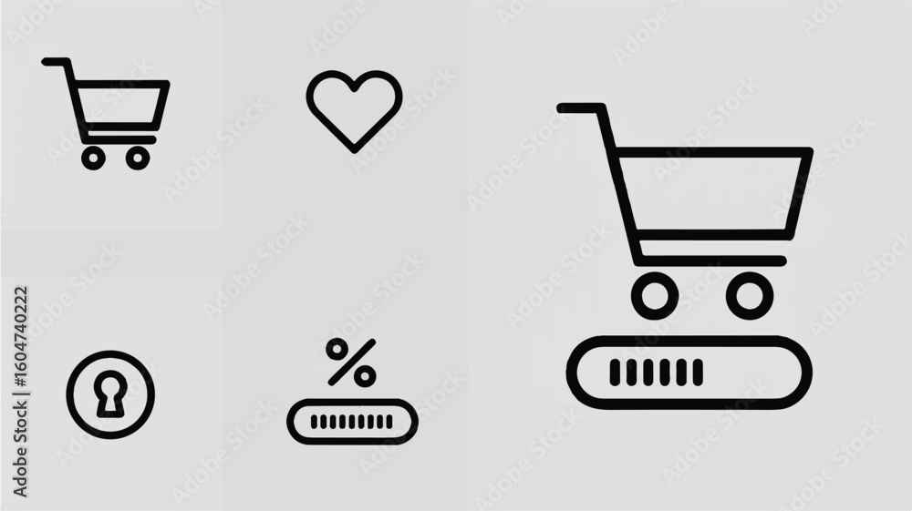 Poster ecommerce icons set shopping cart heart percentage sign security outline style for web and mobile ap