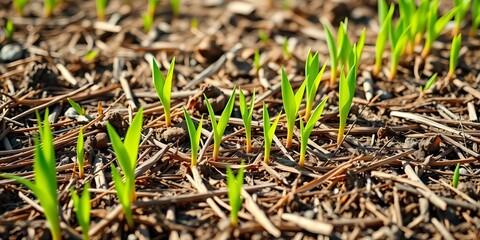 Vibrant green shoots emerge from parched brown grass, drought, background