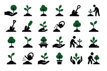 Collection of black and green vector icons depicting the process of planting and growing trees, illustrating environmental care and sustainable practices.
