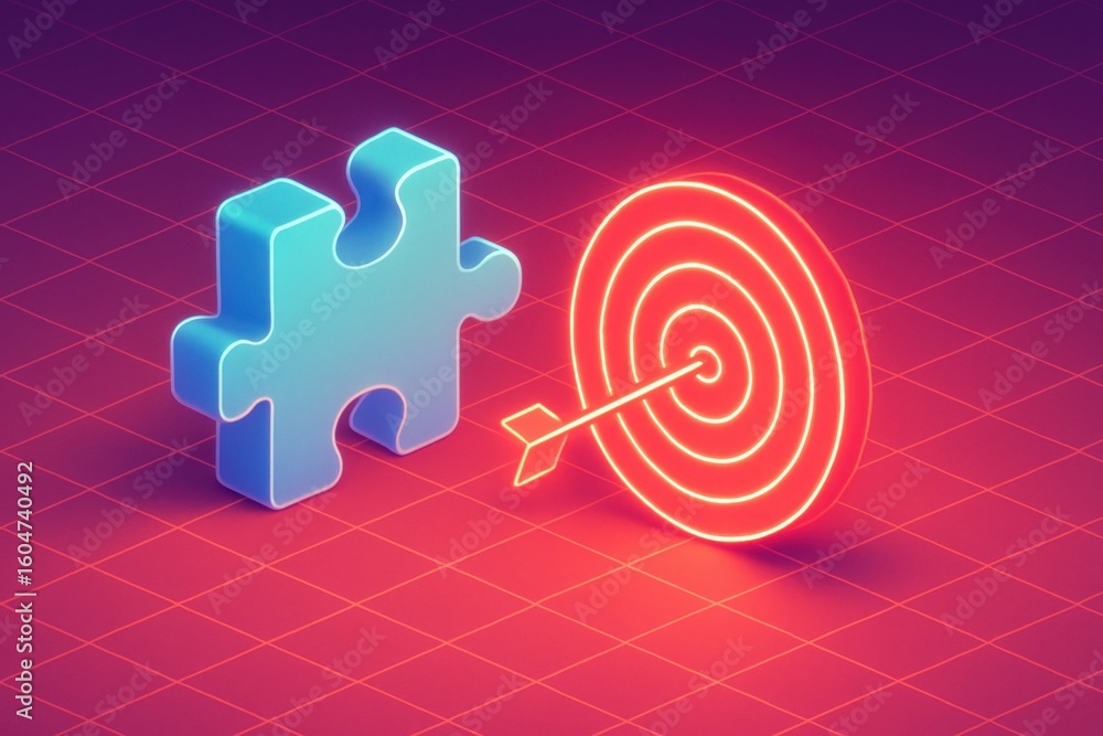 Poster the puzzle of success: a neon-lit visual showcasing a target with a precise arrow and a puzzle piece