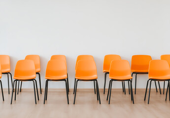 Rows of vibrant orange chairs neatly arranged against a stark white wall, creating a minimalist and modern seating area.
