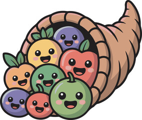 Obraz premium Cheerful Cornucopia Overflowing with Cute Cartoon Fruits and Vegetables on Transparent Backdrop