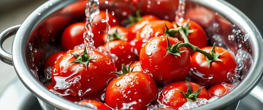 Washing ripe red tomatoes in a colander under running water,  washing,  texture