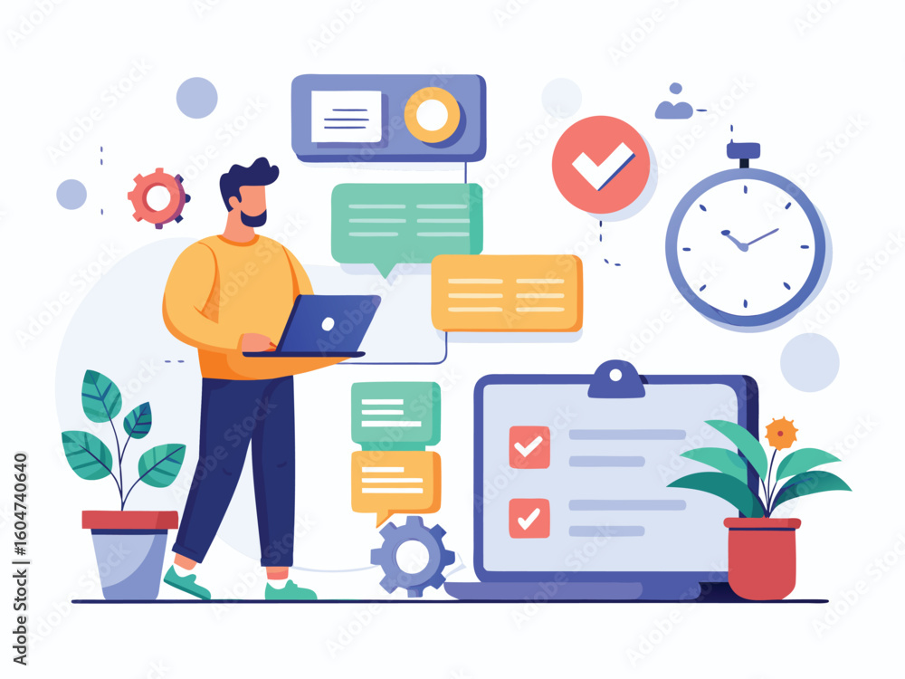 Poster man with laptop and task list checklist computer