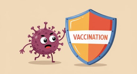 disappointed cartoon virus faces large shield labeled "vaccination" on beige background. national immunization awareness month. health, educational poster for children.
