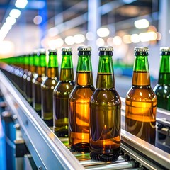 Beer bottles on a production line