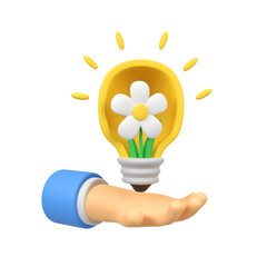 Human hands receive light bulbs and flowers isolated 3d render icon illustration
