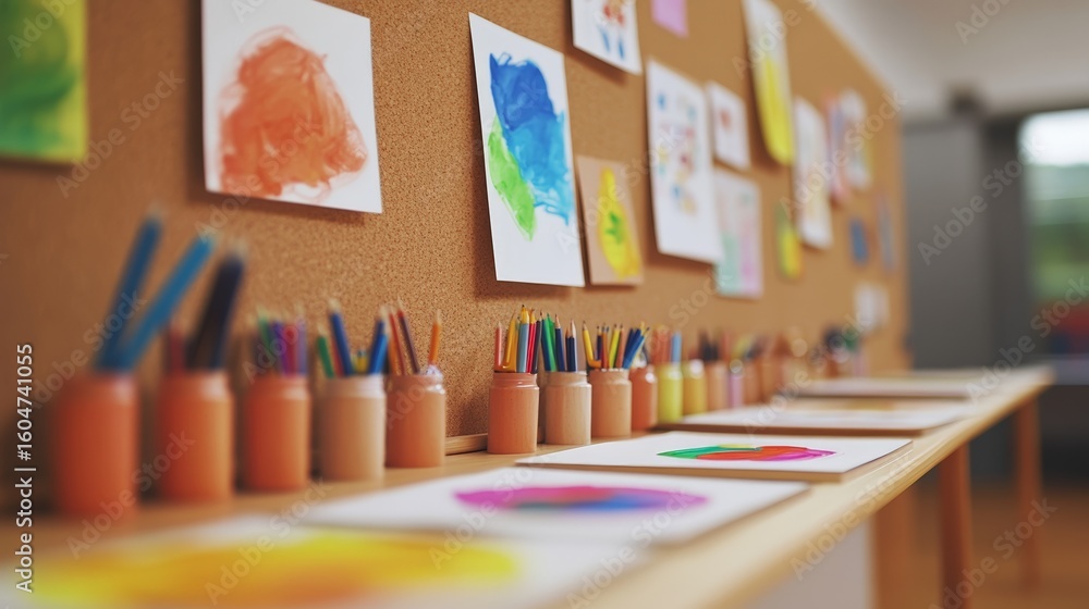 Poster drawings hanging on a corkboard with colored pencils displayed in containers on a wooden table in an