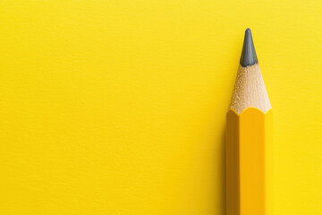 Close-up of a yellow wooden pencil on a yellow background. Minimalist composition with copy space, ideal for educational, creative, and office-related themes.