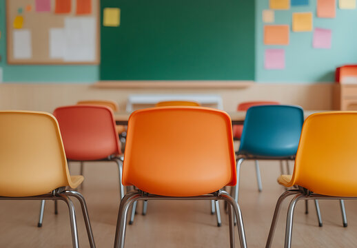 Classroom chairs in a rainbow of colors sit neatly arranged facing the chalkboard, ready for students and learning.
