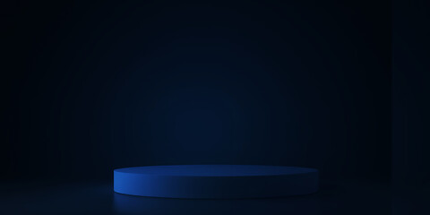 Obraz premium A minimalist blue podium platform in a dark room illuminated by subtle blue lighting effect