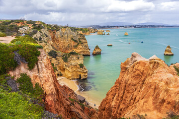 View of Caldeira Beach (Praia da Caldeira) in Lagos, Algarve, Portugal	
