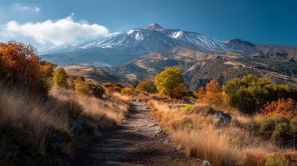 A scenic trail leading to a snow capped mountain under a blue sky with autumn colored trees around it