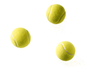 Yellow tennis balls flying with dust isolated on a transparent background fuzzy sports equipment
