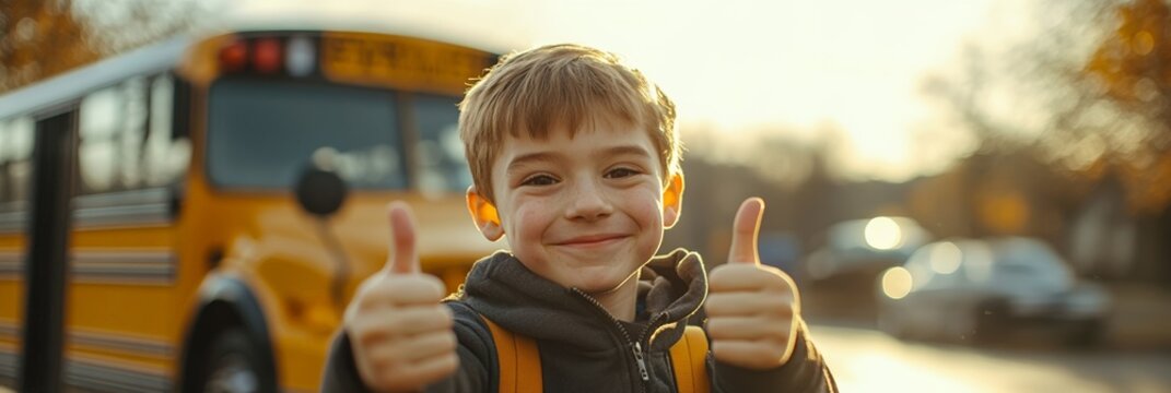 Smiling schoolboy with backpack showing thumbs up gesture while standing near yellow school bus on sunny autumn day, back to school concept
