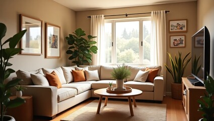 Cozy living room with warm neutral tones and natural elements.