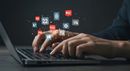 Hands typing on laptop with social media icons floating representing online presence and digital communication in modern setting