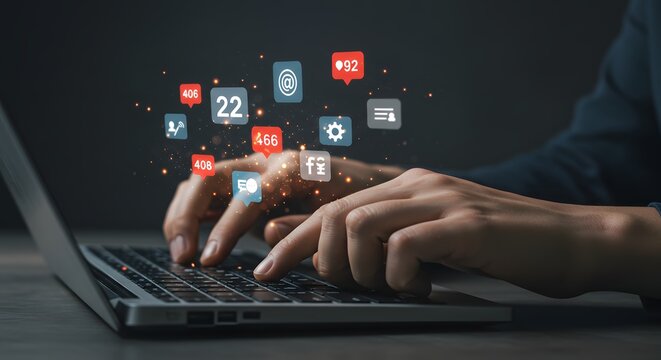 Hands typing on laptop with social media icons floating representing online presence and digital communication in modern setting