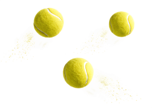 Yellow tennis balls flying with dust isolated on a transparent background particles