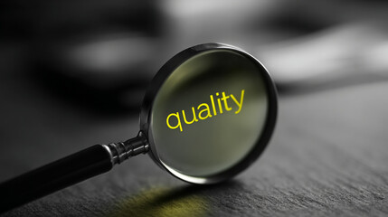 A close up shot of a magnifying glass focusing on the word quality in yellow on a dark background