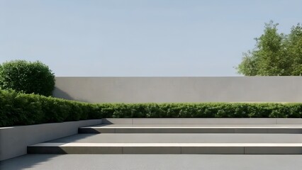 Modern Concrete Steps with Green Bushes – Minimalist Outdoor Design Featuring Structured Landscaping and Serene Blue Sky