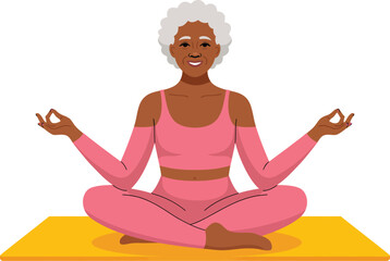 Illustration of person meditating cross-legged on yoga mat with Gyan Mudra hand gesture, symbolizing mindfulness, calm, wellness, and inner peace