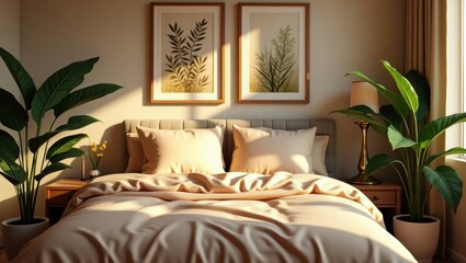 A bedroom with warm sunlight streaming in.