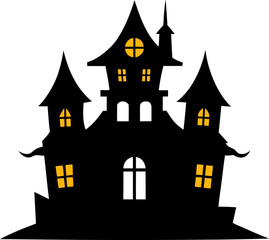 Eerie Haunted House Silhouette with Glowing Windows
