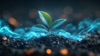 Emerging sprout, glowing blue aura, dark soil