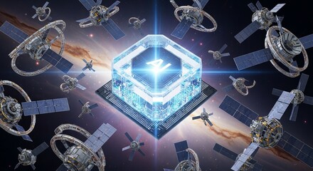 A central ai chip surrounded by satellites in space, suggesting advanced technology and global network