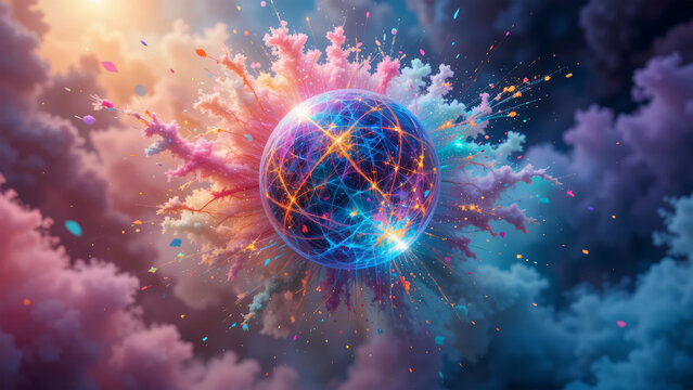 Glowing Sphere With Network Lines Surrounded By Colorful Clouds And Confetti Explosion Effect