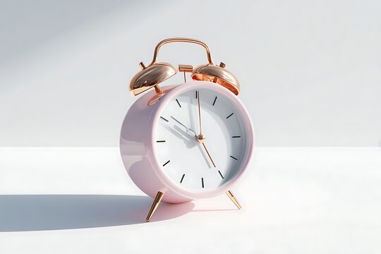 Charming pink alarm clock for time management promotions and stylish reminders on clean white background, symbolizing deadlines and productivity