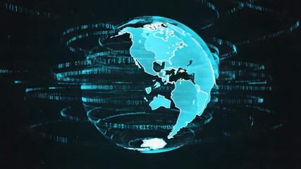 Dynamic digital Earth globe rotating with binary code background for global tech solutions - Powered by Adobe