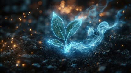Glowing sprout in dark soil, mystical light