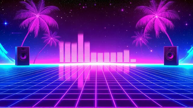 Synthwave retro music equalizer with palm trees and speakers under the stars.