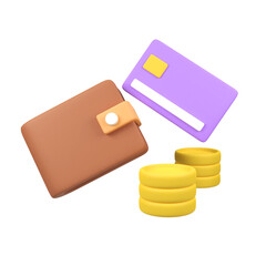 Wallet and credit card with coin isolated 3d render icon illustration