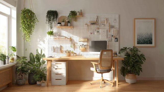 Bright, plant-filled workspace with pegboard wall