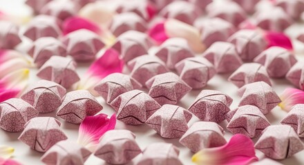 Fototapeta premium A close up view of many pink origami stars scattered among pink flower petals on a white surface