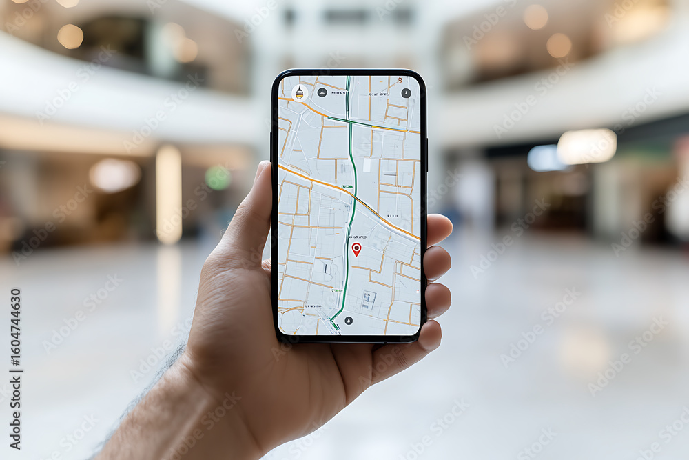 Poster hand holding smartphone showing map. navigation app display. person using location services indoors.