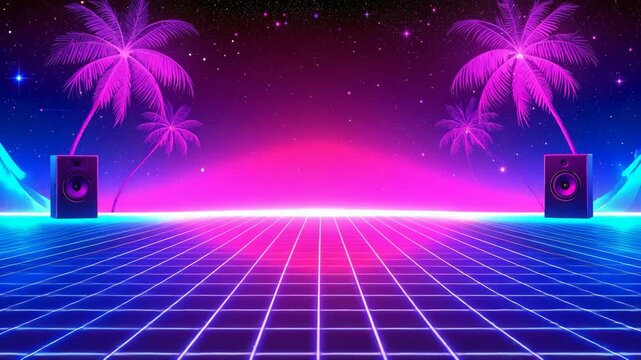 Vibrant retro landscape with neon palms and glowing speakers at night.