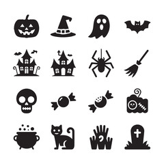 Collection of classic halloween icons including a pumpkin ghost bat witch hat haunted house spider broom skull candy cauldron cat graveyard