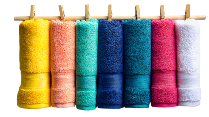 Colorful towels hanging on a wooden rack.