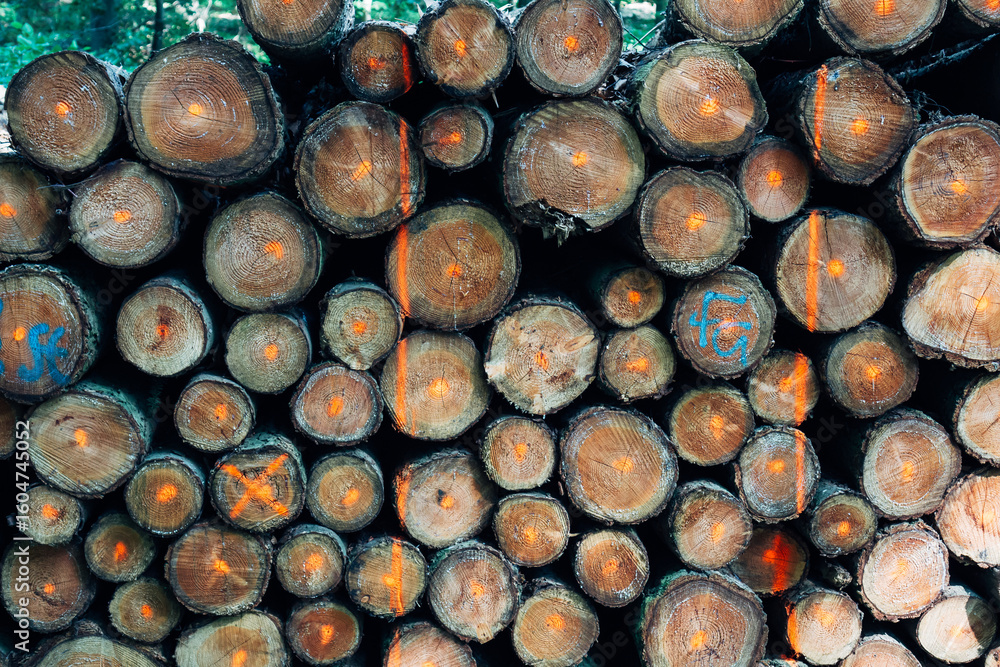 Poster a pile of logs with red markings on them