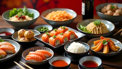 Opulent Asian Dining Experience A Diverse Array of Sushi, Noodles, and Traditional Delicacies, Gourmet East Asian Feast Sumptuous Table Spread with Salmon Sushi, Fresh Noodles