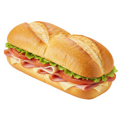 Freshly made sandwich with layers of deli meats, cheese, and crisp lettuce on a wooden table