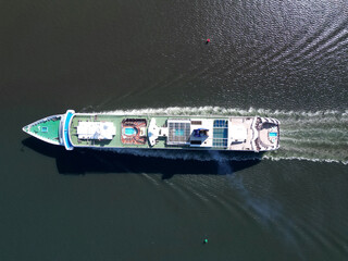 Aerial view large cruise ship at sea, a passenger cruise ship vessel. View from the drone.