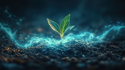 Young sprout emerging from dark soil, glowing energy