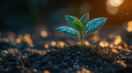 Tiny sprout, vibrant teal leaves, golden sunrise
